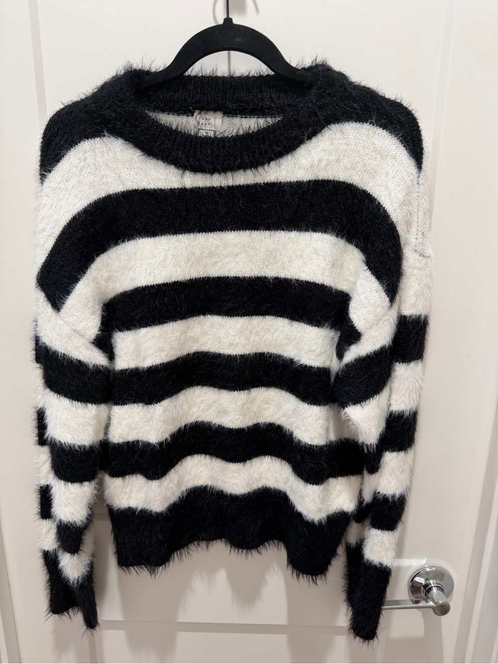 a new day Black and White Fuzzy Striped Crewneck Sweater